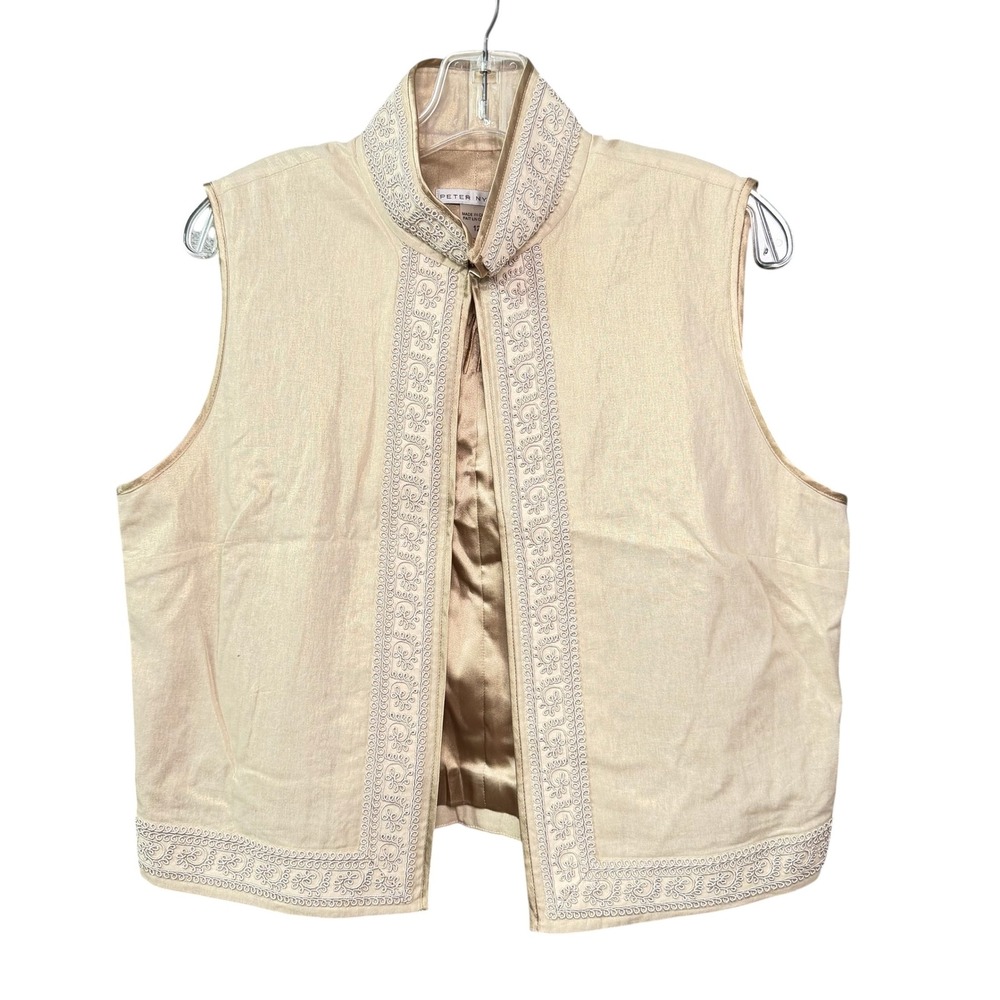 Peter Nygard Vest Womens Gold Linen Blend Embroidered Mandarin Collar Classic 12